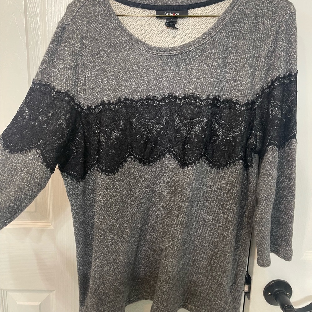 Style & Co. Charcoal Sweatshirt with Black Lace Accent